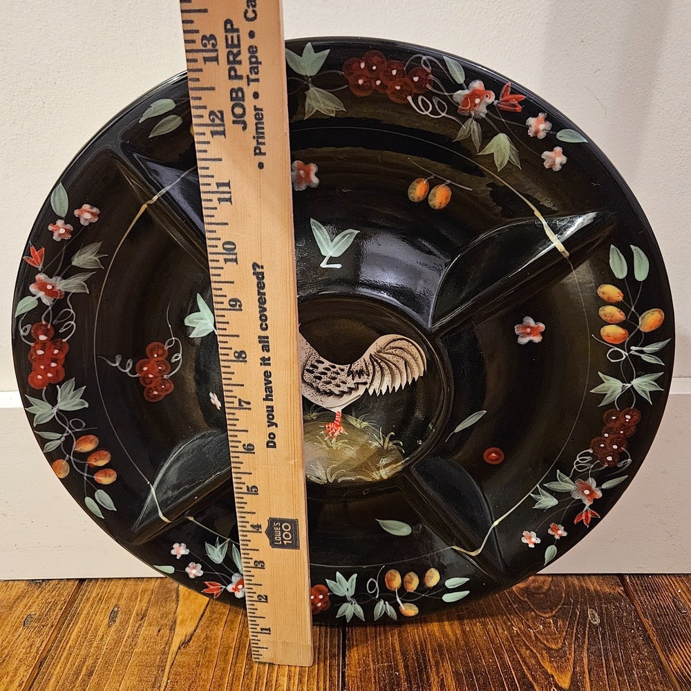 Vintage Rooster Divided Serving Platter Hand Painted Black Floral‎ Farmhouse 13" - Picture 2 of 5